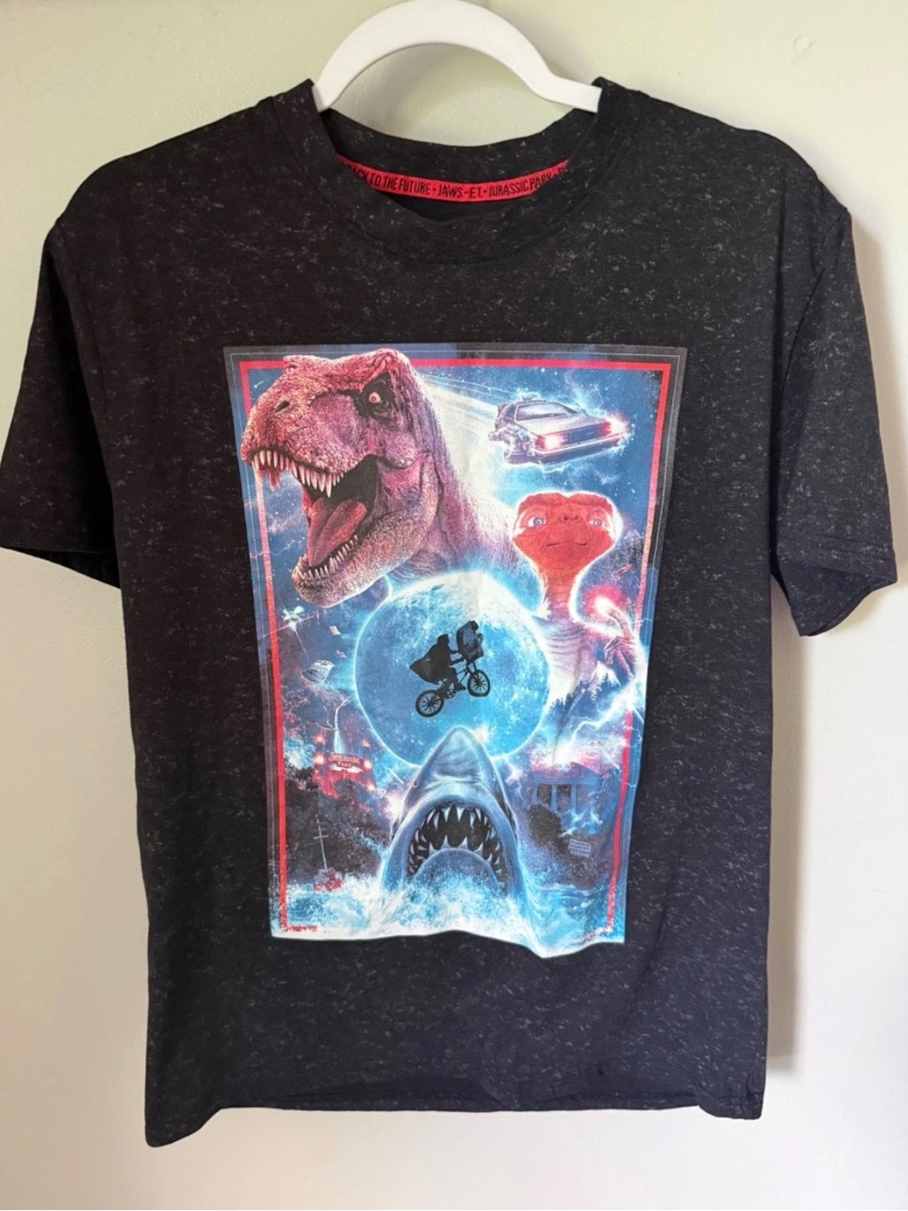 Black Graphic Short Sleeve Tee with Retro Movie Mashup